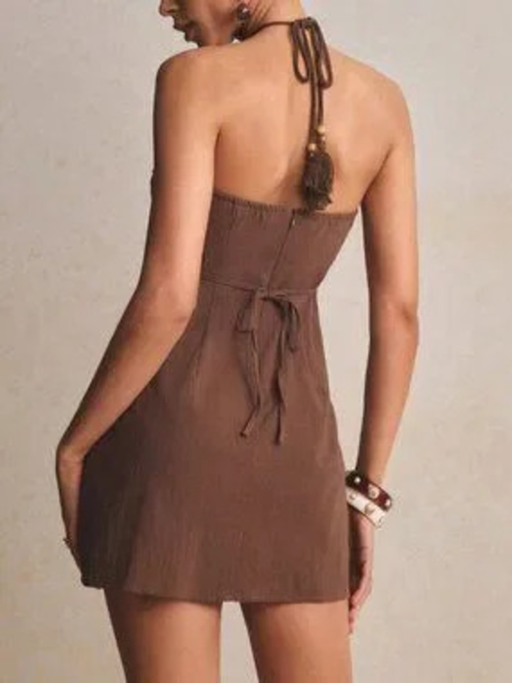 ZARA Brown Boho Women's Embroidered Textured Halter Mini Dress